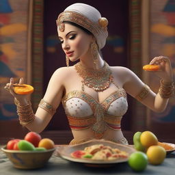 A highly detailed 3D render portrays a white belly dancer in the act of hand-feeding food to the viewer