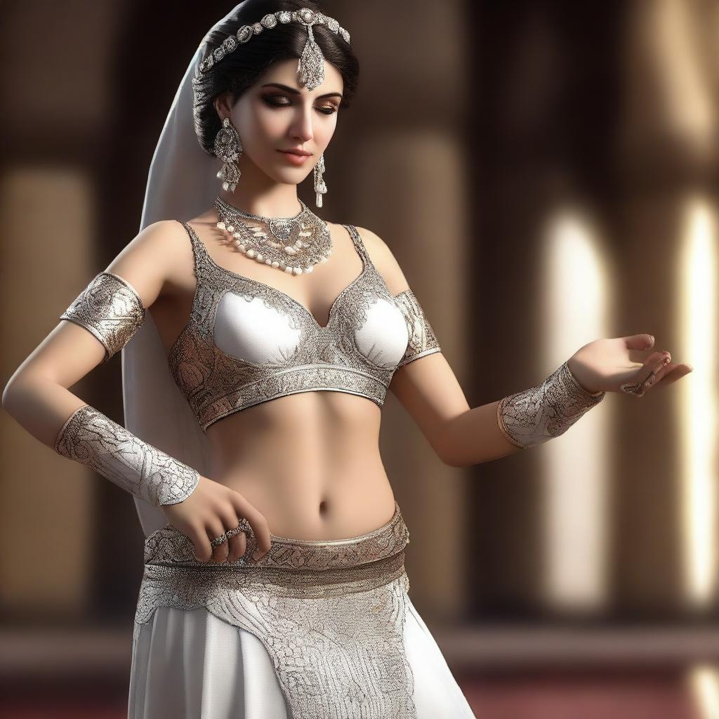 A high-quality 3D render showcasing a white belly dancer in her traditional attire, delicately extending her hand to feed you