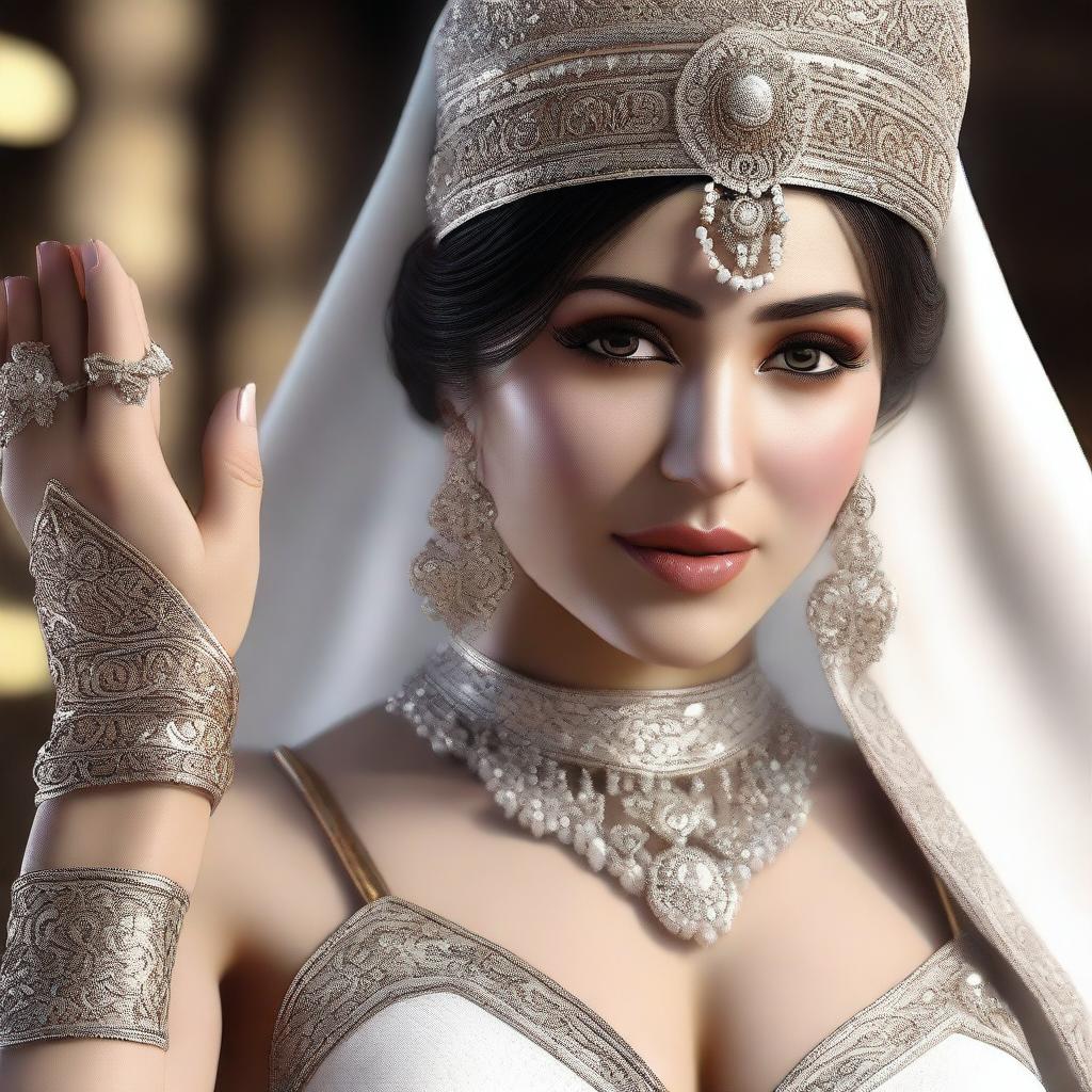 A high-quality 3D render showcasing a white belly dancer in her traditional attire, delicately extending her hand to feed you