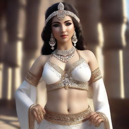 A high-quality 3D render showcasing a white belly dancer in her traditional attire, delicately extending her hand to feed you