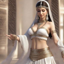 A high-quality 3D render showcasing a white belly dancer in her traditional attire, delicately extending her hand to feed you