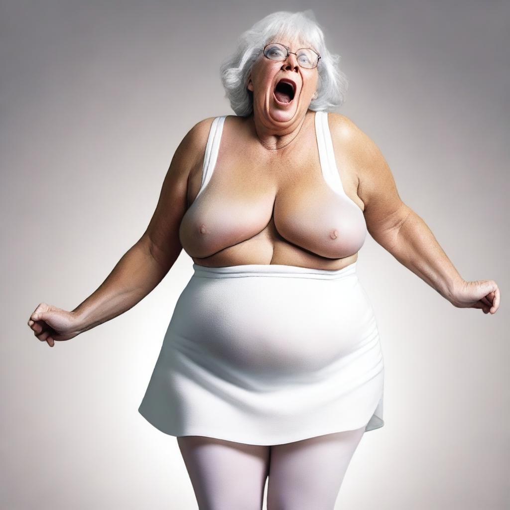 A tasteful, high-quality digital art image that depicts a woman in her 60s with large breasts and a full belly