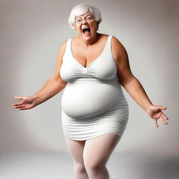 A tasteful, high-quality digital art image that depicts a woman in her 60s with large breasts and a full belly