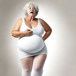 A tasteful, high-quality digital art image that depicts a woman in her 60s with large breasts and a full belly