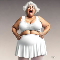 A tasteful, high-quality digital art image that depicts a woman in her 60s with large breasts and a full belly