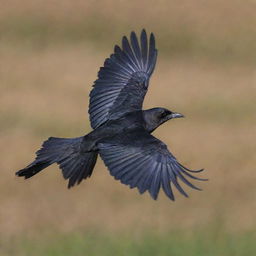 A majestic black bird in mid-flight, with its lofty feathers gently drifting around it.