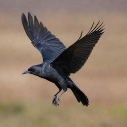 A majestic black bird in mid-flight, with its lofty feathers gently drifting around it.