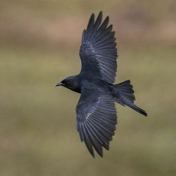 A majestic black bird in mid-flight, with its lofty feathers gently drifting around it.