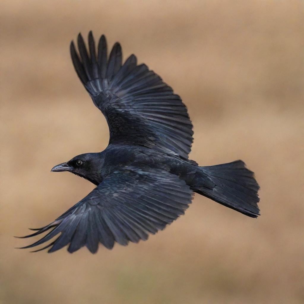 A majestic black bird in mid-flight, with its lofty feathers gently drifting around it.