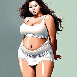 A tastefully done digital art image depicts a woman in her 20s with a fuller figure