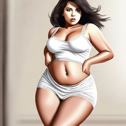 A tastefully done digital art image depicts a woman in her 20s with a fuller figure