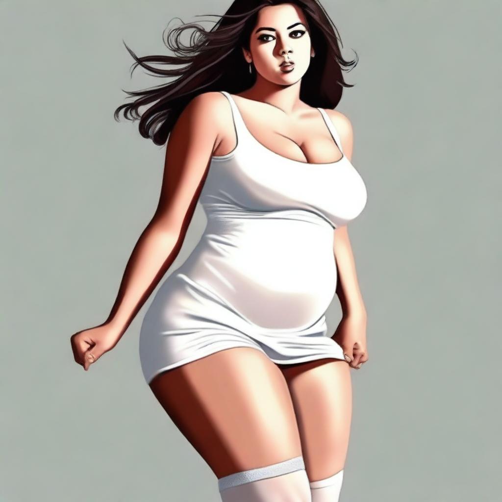 A tastefully done digital art image depicts a woman in her 20s with a fuller figure