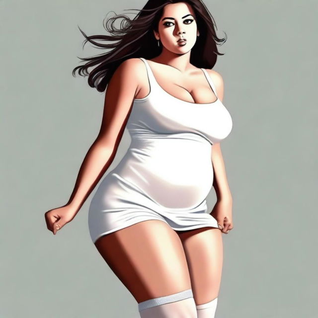 A tastefully done digital art image depicts a woman in her 20s with a fuller figure