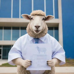 A sheep dressed in professional attire, holding an architecture degree in its mouth, standing in front of a blueprint of a modern building.