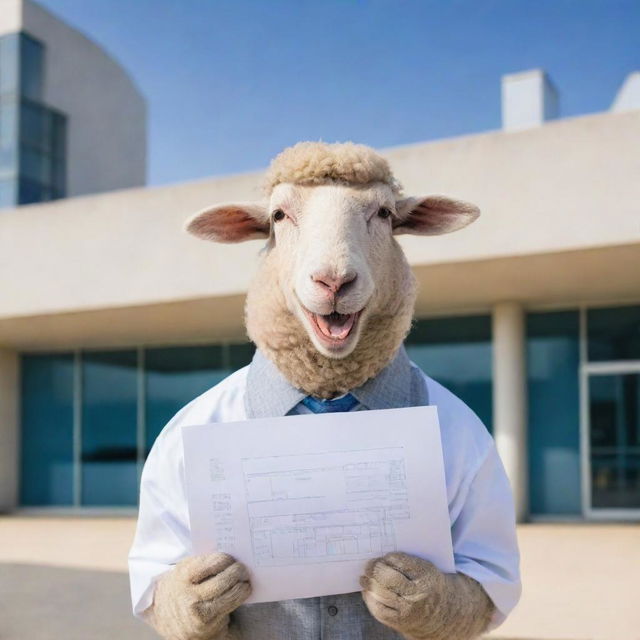 A sheep dressed in professional attire, holding an architecture degree in its mouth, standing in front of a blueprint of a modern building.