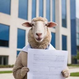 A sheep dressed in professional attire, holding an architecture degree in its mouth, standing in front of a blueprint of a modern building.