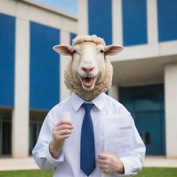 A sheep dressed in professional attire, holding an architecture degree in its mouth, standing in front of a blueprint of a modern building.