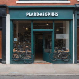 Generate an image showcasing the storefront of 'Paradigm Pedals and Gears Co.' bicycle shop, ensuring the name is vividly displayed and unmistakably recognisable on the facia.