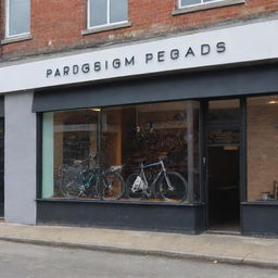 Generate an image showcasing the storefront of 'Paradigm Pedals and Gears Co.' bicycle shop, ensuring the name is vividly displayed and unmistakably recognisable on the facia.