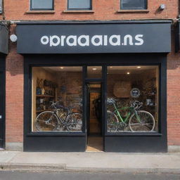 Generate an image showcasing the storefront of 'Paradigm Pedals and Gears Co.' bicycle shop, ensuring the name is vividly displayed and unmistakably recognisable on the facia.