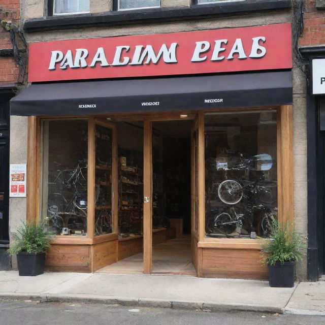 Generate an image showcasing the storefront of 'Paradigm Pedals and Gears Co.' bicycle shop, ensuring the name is vividly displayed and unmistakably recognisable on the facia.