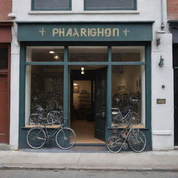 Craft an image displaying the exterior view of 'Paradigm' bicycle shop, making sure that the store name is prominently noticeable on the storefront.