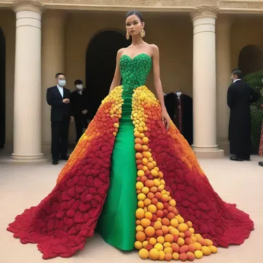 The fashion designer created a stunning gown inspired by the vibrant colors and shape of a lichee fruit.