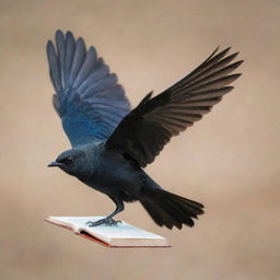 An image of a black Brewer's Blackbird gracefully soaring with a book underneath its wings.