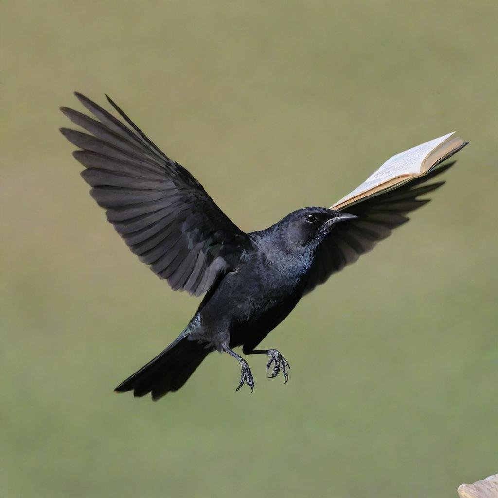 An image of a black Brewer's Blackbird gracefully soaring with a book underneath its wings.