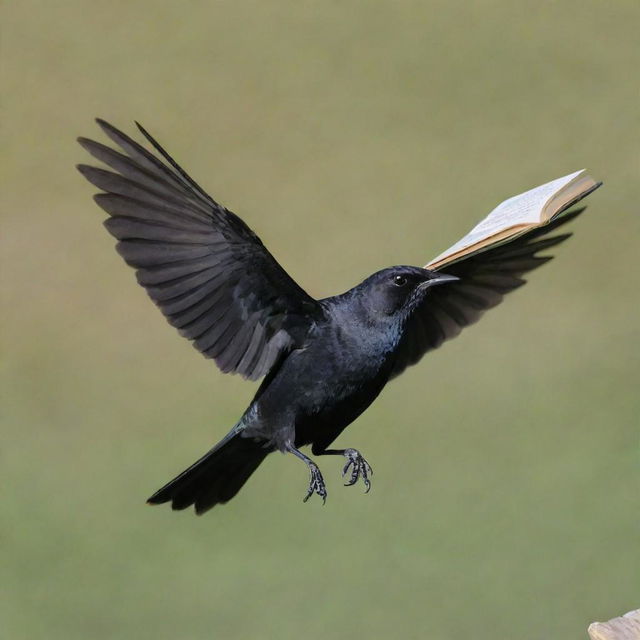 An image of a black Brewer's Blackbird gracefully soaring with a book underneath its wings.