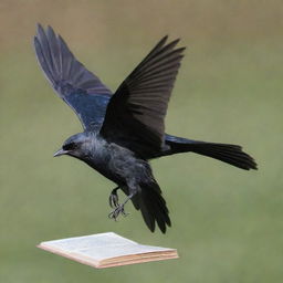 An image of a black Brewer's Blackbird gracefully soaring with a book underneath its wings.