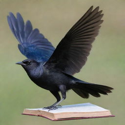 An image of a black Brewer's Blackbird gracefully soaring with a book underneath its wings.