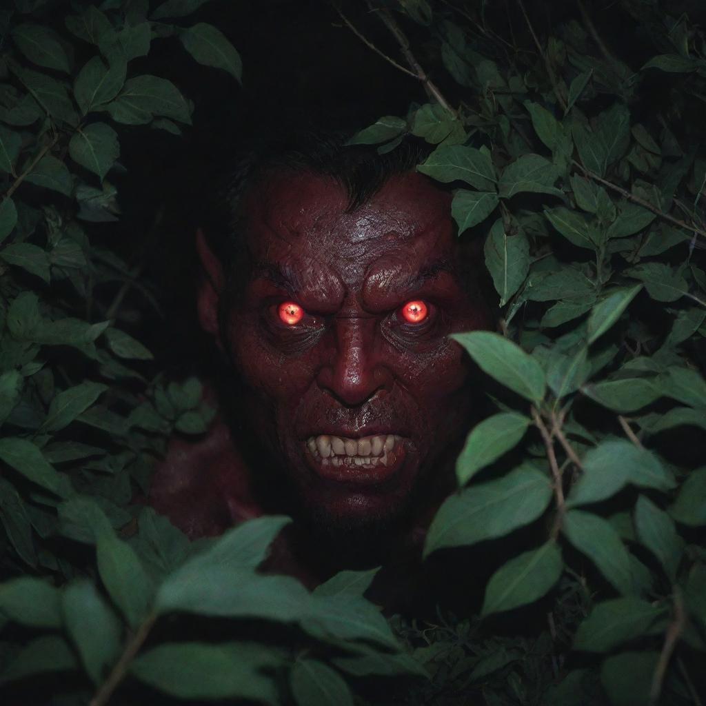 Eerie crimson eyes of a demon peering out from the dense undergrowth under the dim moonlight.