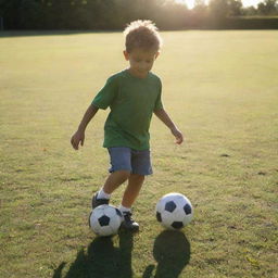 A young child energetically playing football on a grassy field, the sun casting long shadows.