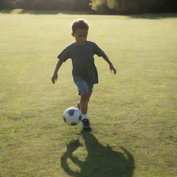 A young child energetically playing football on a grassy field, the sun casting long shadows.