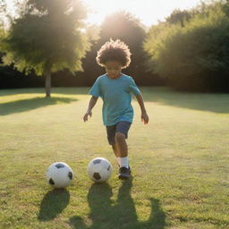 A young child energetically playing football on a grassy field, the sun casting long shadows.