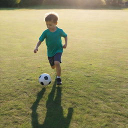 A young child energetically playing football on a grassy field, the sun casting long shadows.