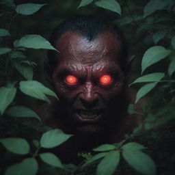 Eerie crimson eyes of a demon peering out from the dense undergrowth under the dim moonlight.