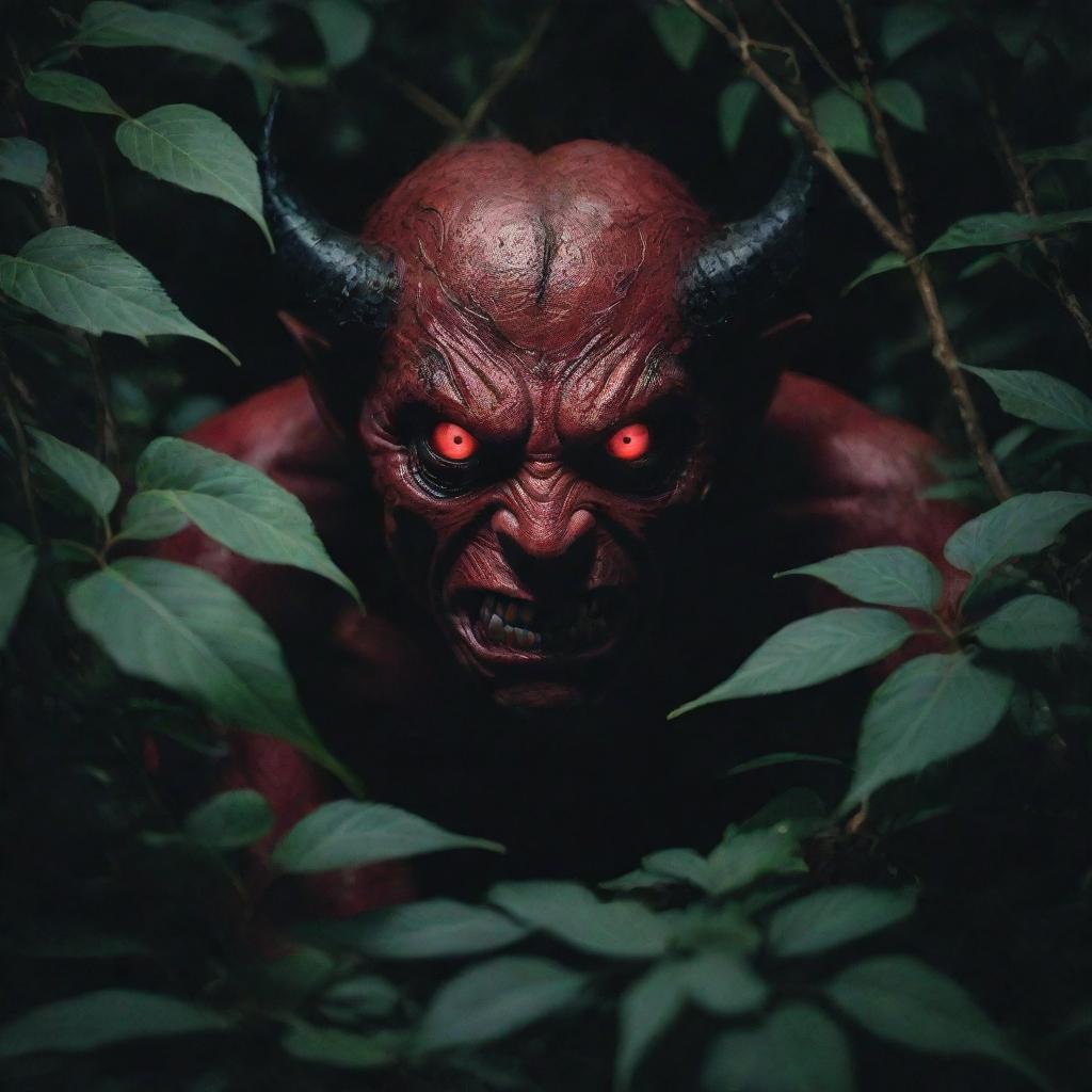 Eerie crimson eyes of a demon peering out from the dense undergrowth under the dim moonlight.