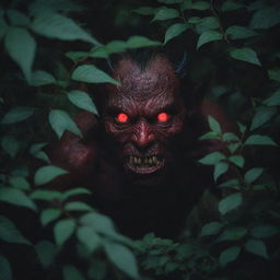 Eerie crimson eyes of a demon peering out from the dense undergrowth under the dim moonlight.