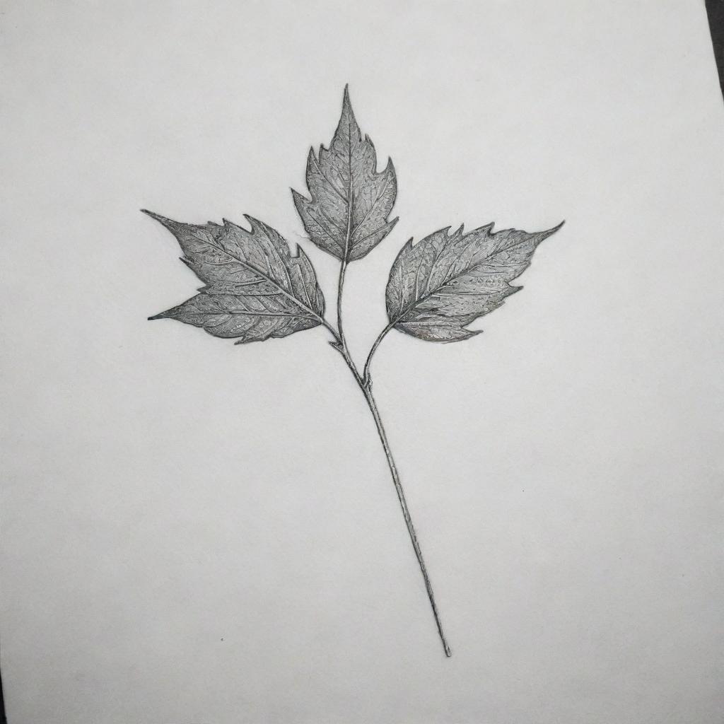 A tattoo design of two small, detailed leaves on a delicate stem, with one leaf etched with an 'R' and the other with an 'S', surrounded by subtler leaf shapes.