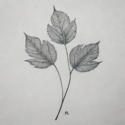 A tattoo design of two small, detailed leaves on a delicate stem, with one leaf etched with an 'R' and the other with an 'S', surrounded by subtler leaf shapes.