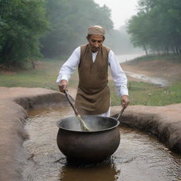 A Pakistani tea vendor, dressed in traditional attire, stirs a large cauldron of tea, creating a stream that resembles a flowing river.