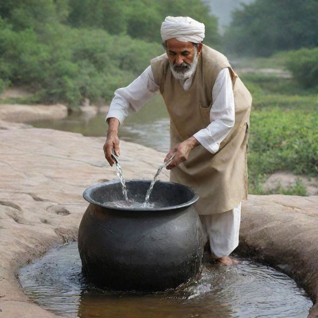 A Pakistani tea vendor, dressed in traditional attire, stirs a large cauldron of tea, creating a stream that resembles a flowing river.