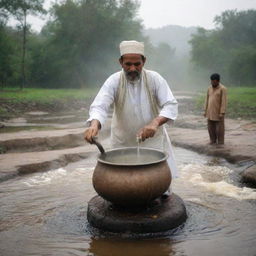 A Pakistani tea vendor, dressed in traditional attire, stirs a large cauldron of tea, creating a stream that resembles a flowing river.