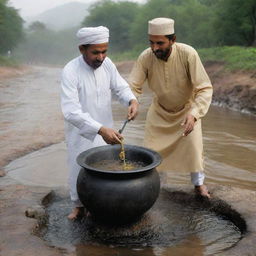 A Pakistani tea vendor, dressed in traditional attire, stirs a large cauldron of tea, creating a stream that resembles a flowing river.