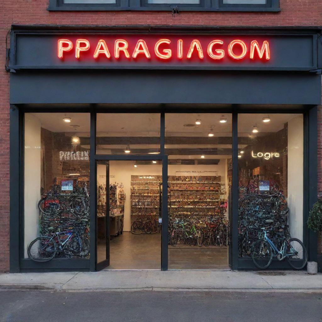 Generate an image of the exterior of 'Paradigm' bicycle shop, with the name large, brightly lit, and vibrant on the storefront, creating a visually captivating scene.