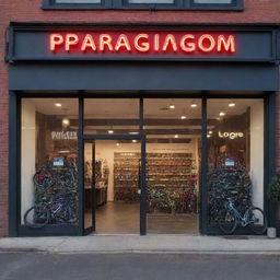 Generate an image of the exterior of 'Paradigm' bicycle shop, with the name large, brightly lit, and vibrant on the storefront, creating a visually captivating scene.