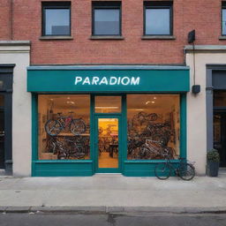 Generate an image of the exterior of 'Paradigm' bicycle shop, with the name large, brightly lit, and vibrant on the storefront, creating a visually captivating scene.