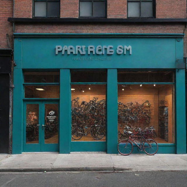 Generate an image of the exterior of 'Paradigm' bicycle shop, with the name large, brightly lit, and vibrant on the storefront, creating a visually captivating scene.